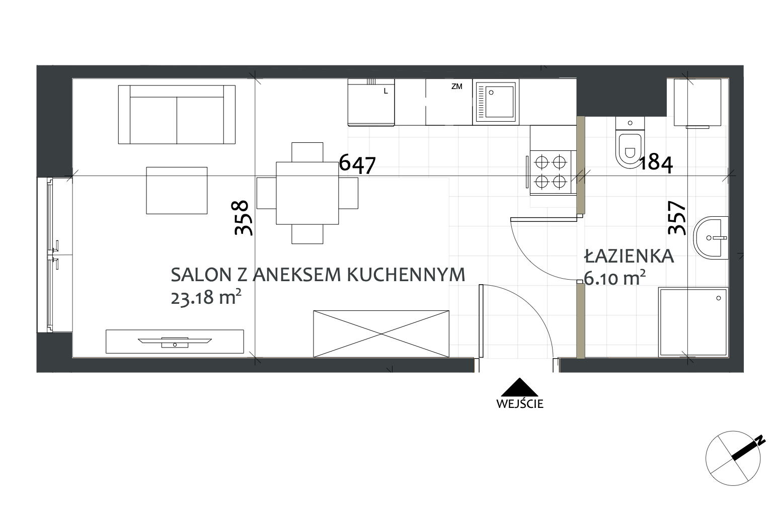 Rzut mieszkania 1 pokojowe - 286.944 zł